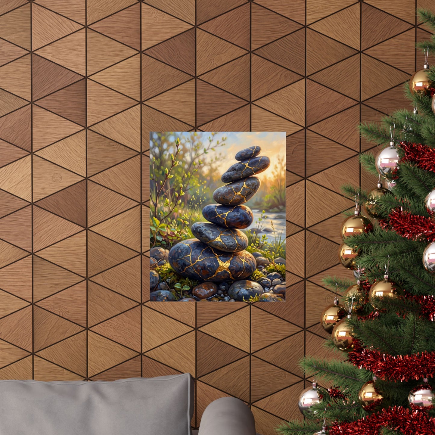 River Stones Wall Art Print | Spring Kintsugi Gold Repair Art