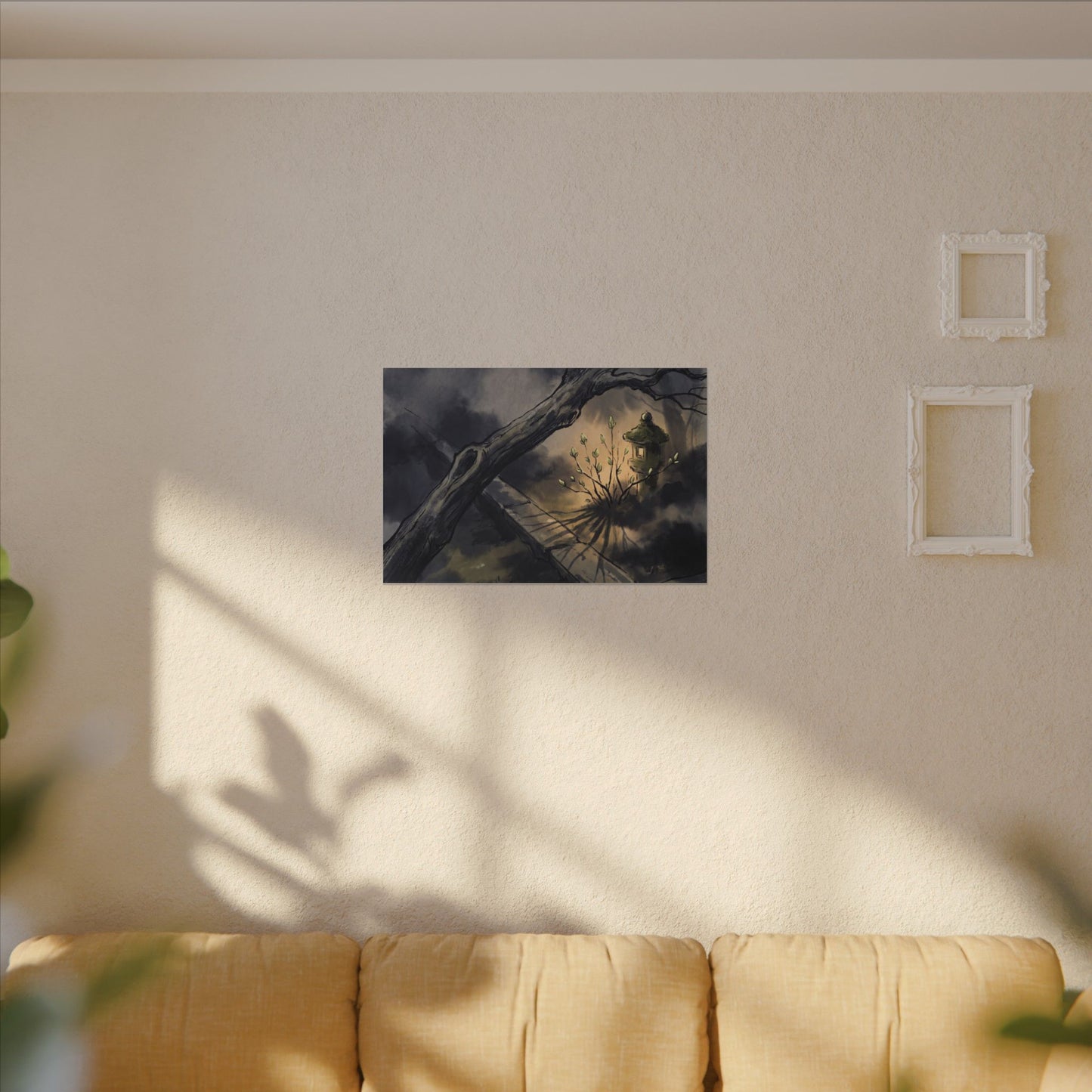 Dark Japandi Moonlit Garden in Golden Hour | Charcoal Ink Canvas Art