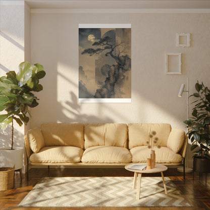 Japandi Pine Tree in Moonlight | Japanese Pattern Canvas Art