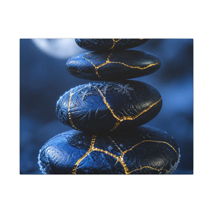 River Stones Canvas Art | Winter Kintsugi Gold Repair Art