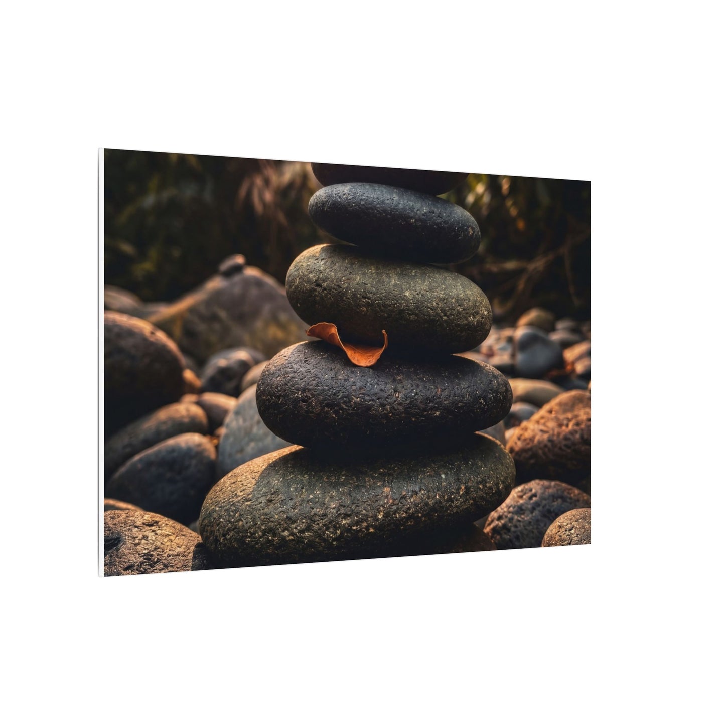 Dark Japandi River Stones in Golden Hour | Moody Minimal Canvas Art