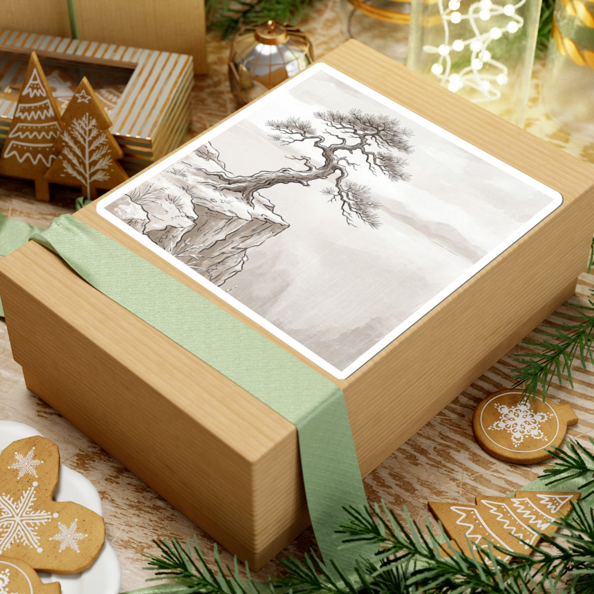 Japandi Pine Tree in Overcast | Minimal Line Sticker