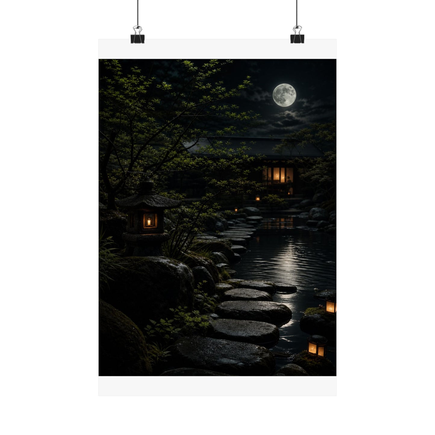Ma Moonlit Garden Wall Art Print - Dark Japandi Shadow Zen