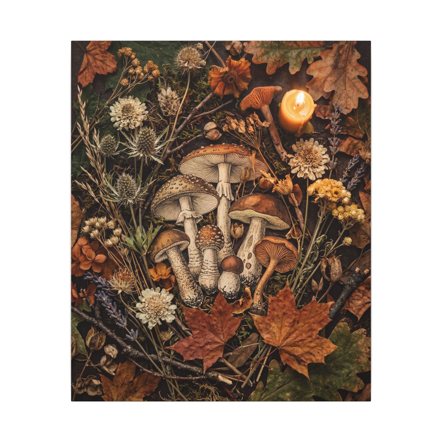 Autumn Dried Flowers Mushroom Illustration Canvas Art | Earthy Decor