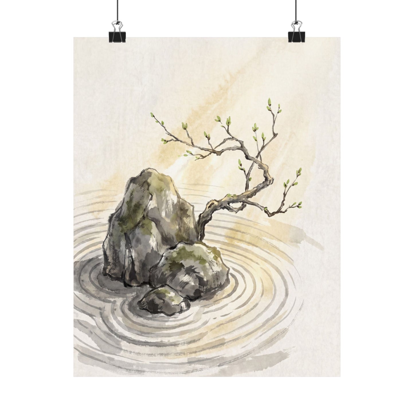Zen Rock Garden in Golden Hour | Sumi E Wall Art Print Art Print