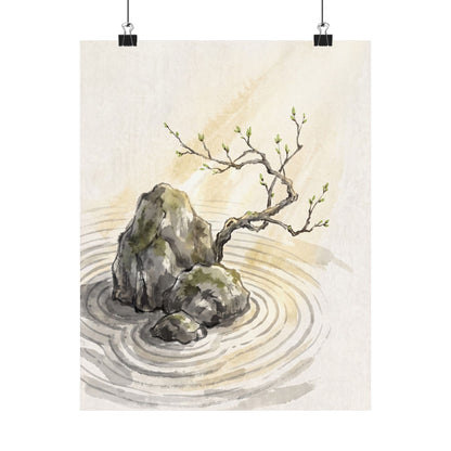 Zen Rock Garden in Golden Hour | Sumi E Wall Art Print Art Print