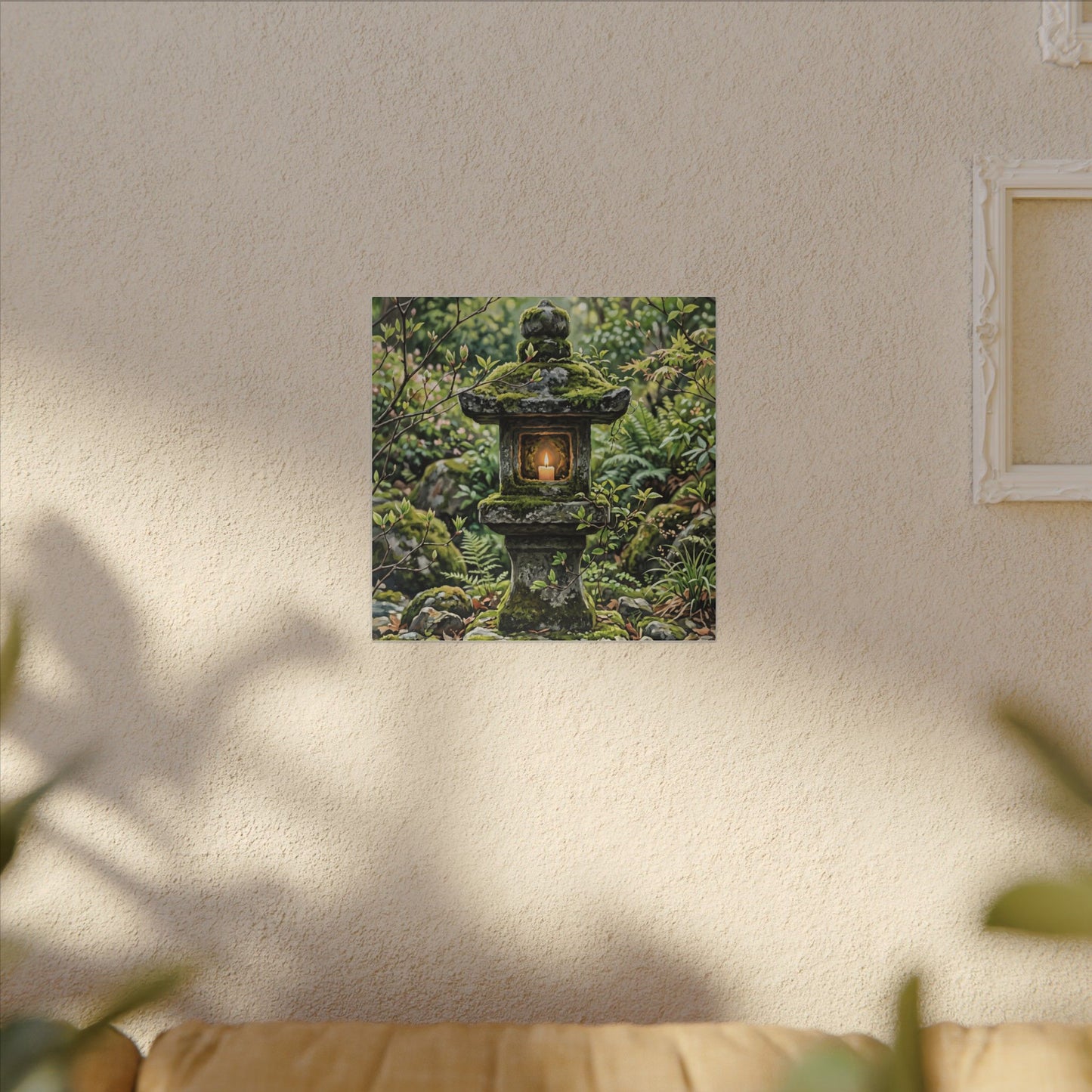 Neutral Stone Lantern Canvas Art - Japanese Pattern Japandi