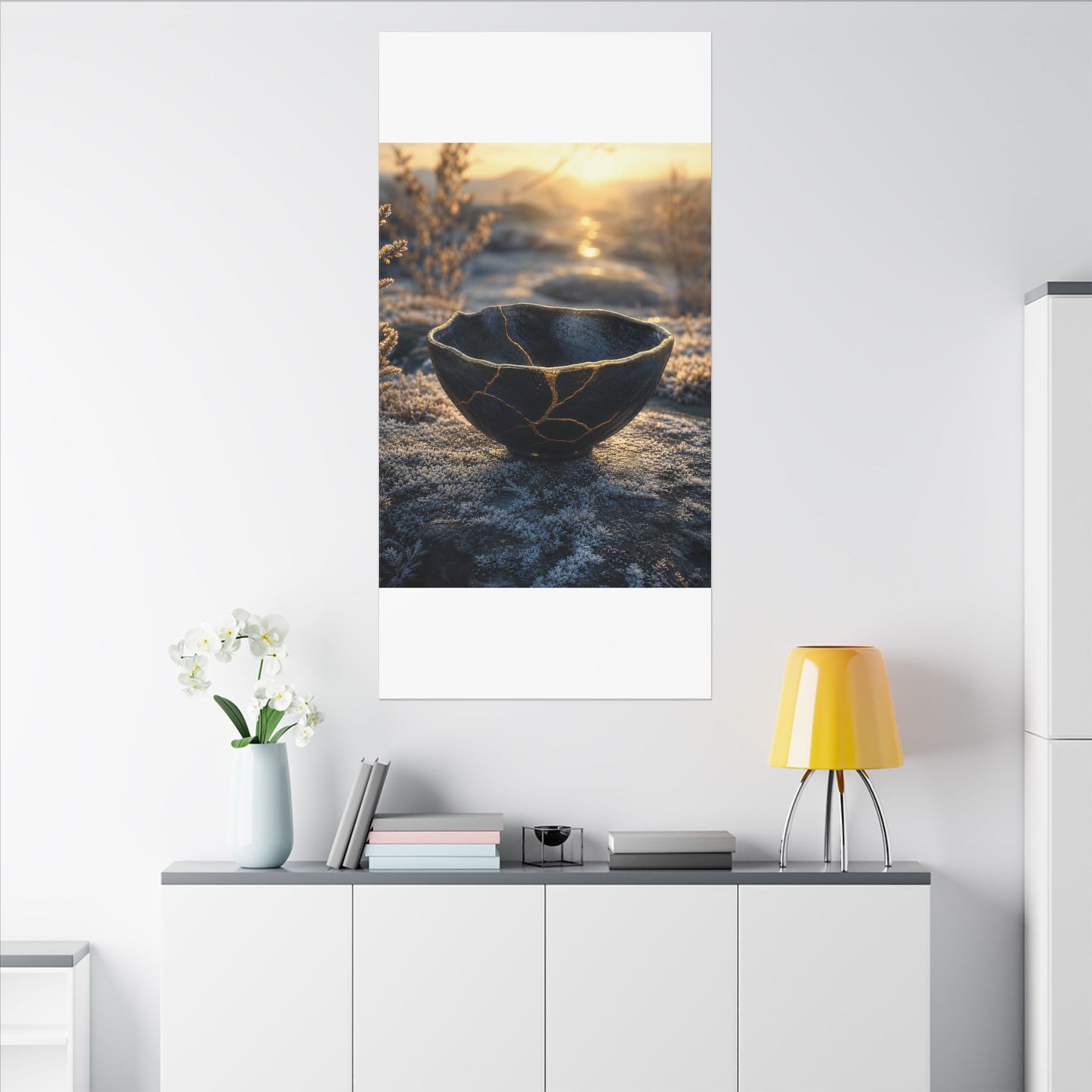 Ceramic Bowl Canvas Art | Winter Kintsugi Gold Repair Art