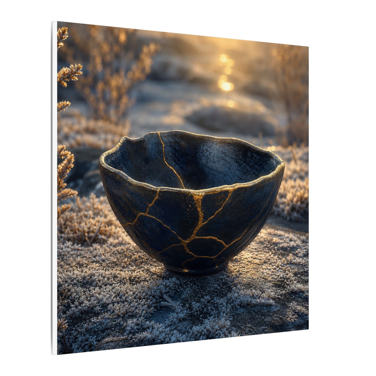 Ceramic Bowl Canvas Art | Winter Kintsugi Gold Repair Art