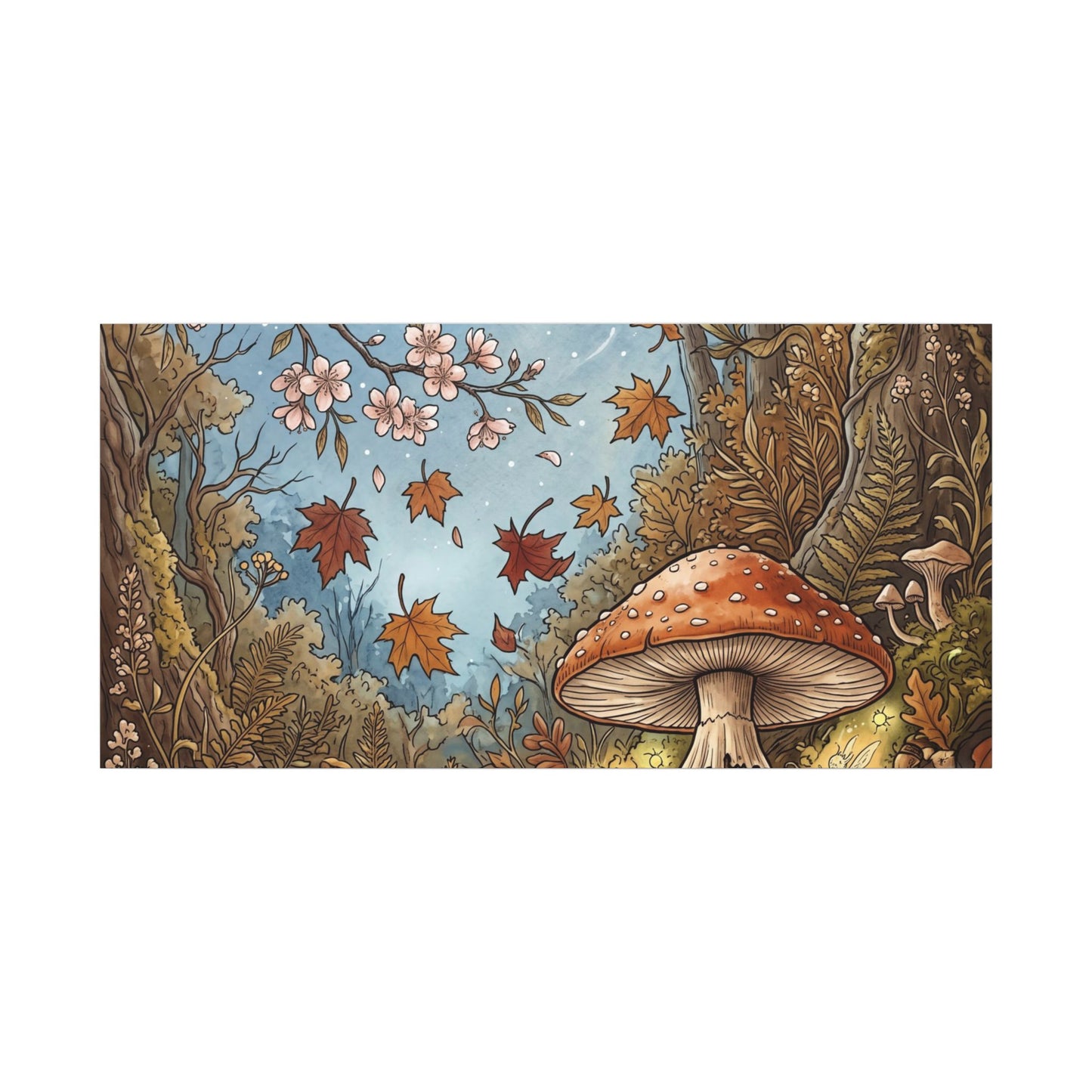 Autumn Cherry Blossom Mushroom Illustration Canvas Art | Enchanting Decor