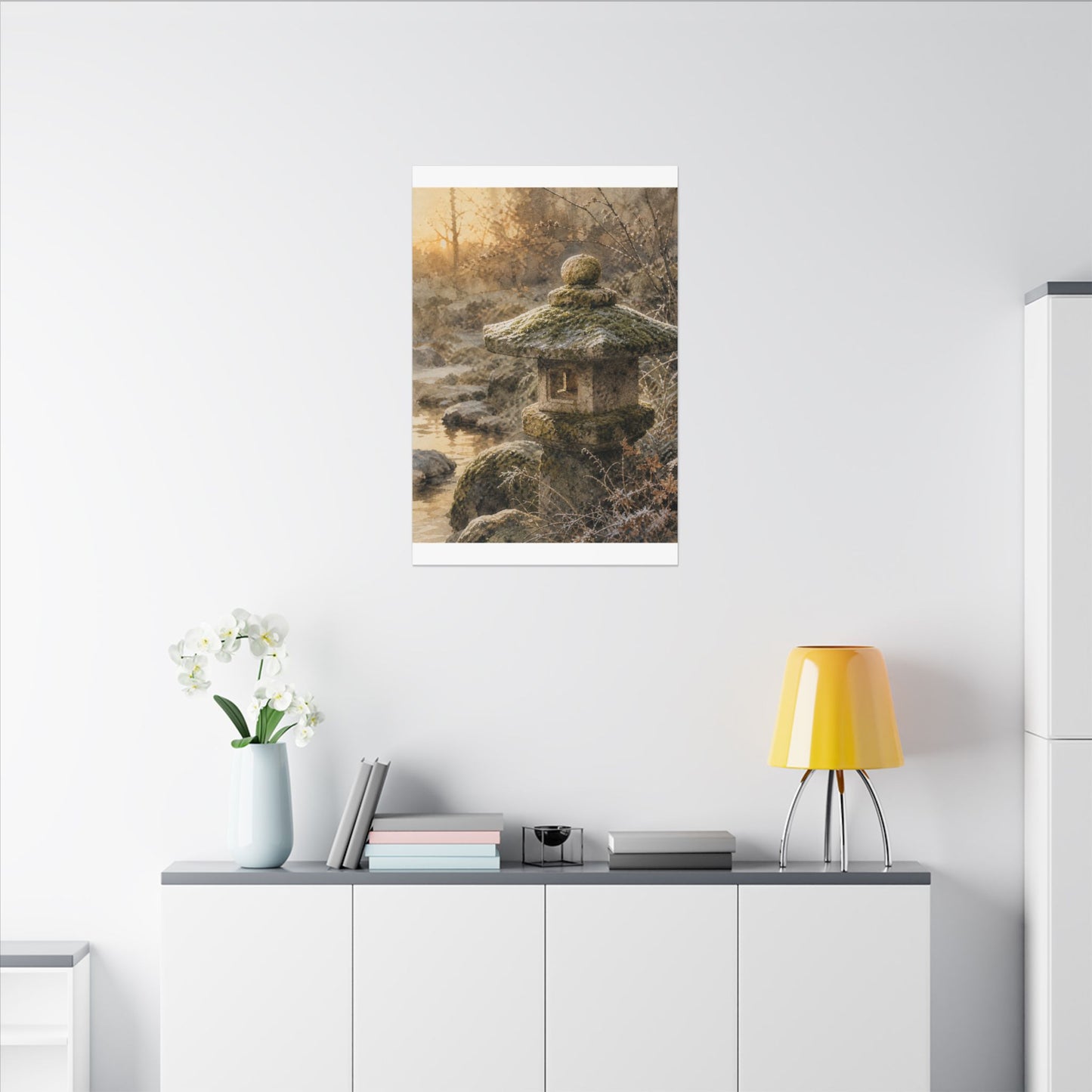 Winter Stone Lantern Watercolor Canvas Art | Earthy Decor