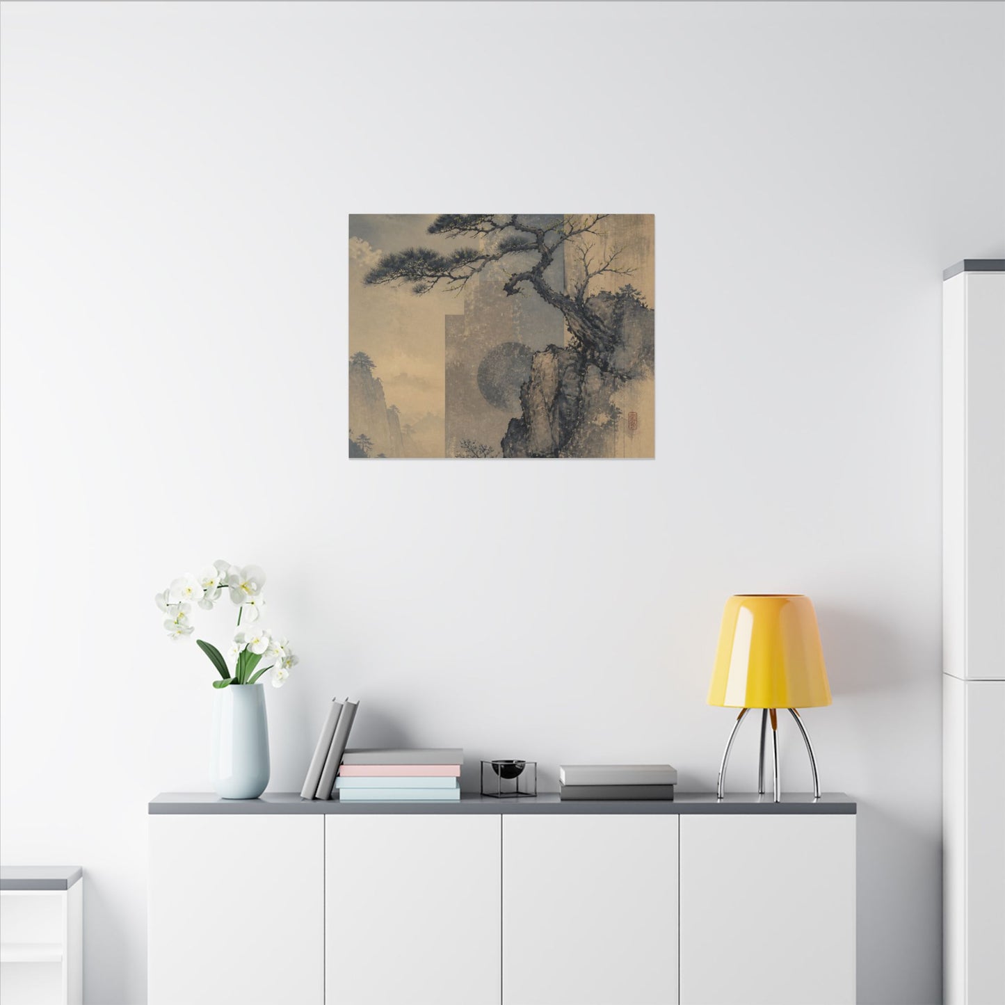 Japandi Pine Tree in Moonlight | Japanese Pattern Canvas Art