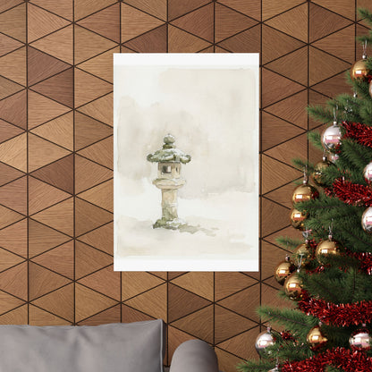 Japandi Stone Lantern in Overcast | Watercolor Wall Art Print