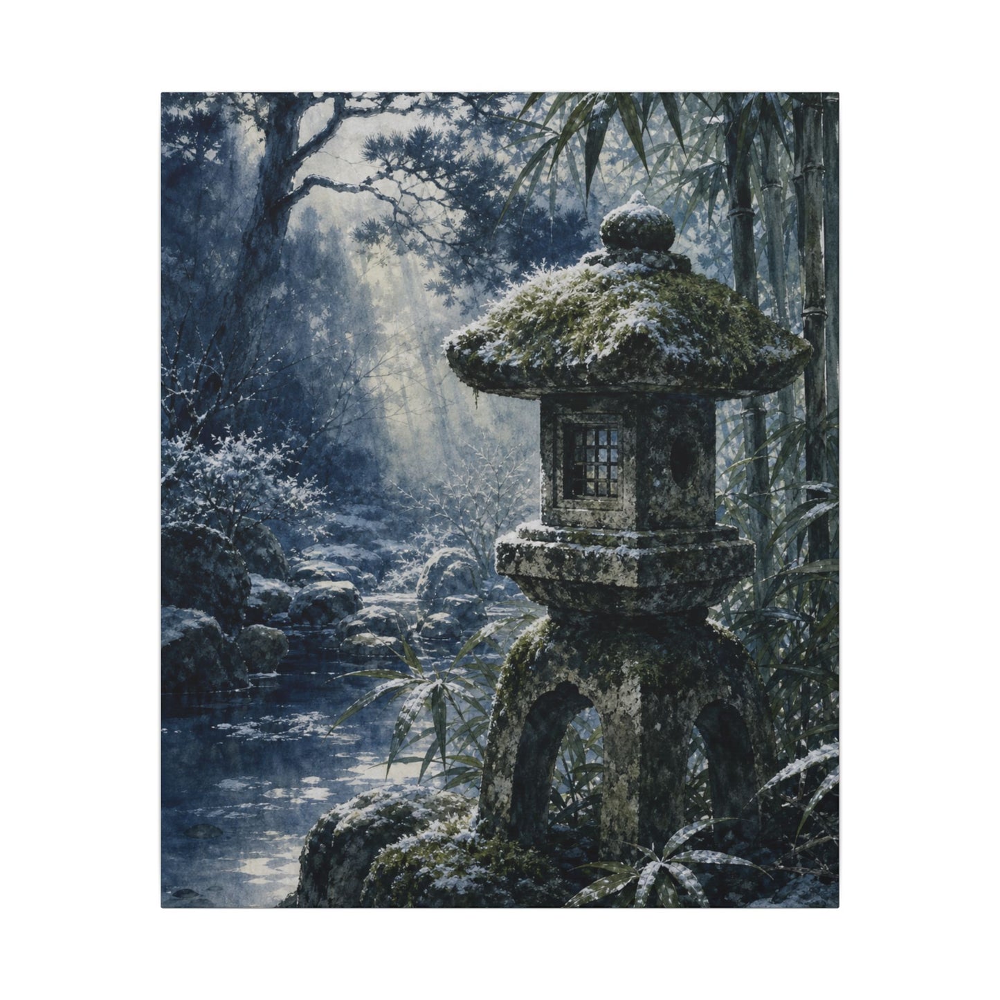 Zen Stone Lantern in Dappled | Sumi E Canvas Art