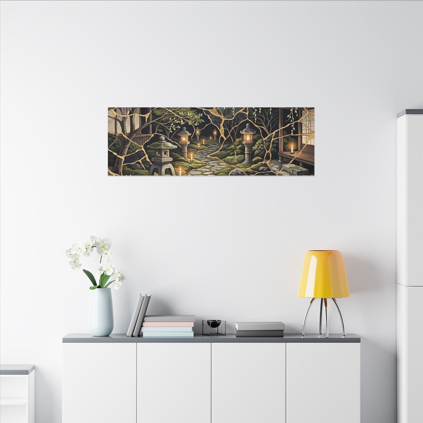 Kintsugi Moonlit Garden in Candlelight | Gold Vein Canvas Art