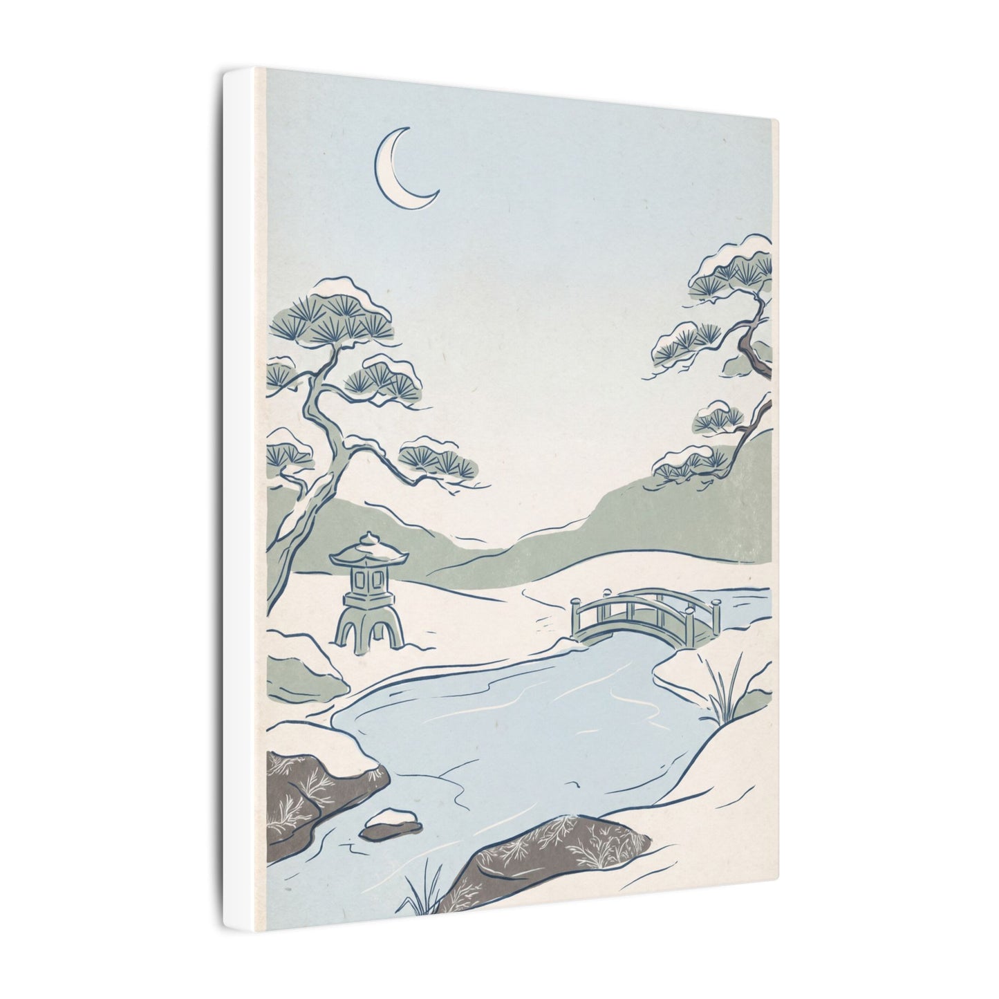Japandi Moonlit Garden in Moonlight | Minimal Line Canvas Art