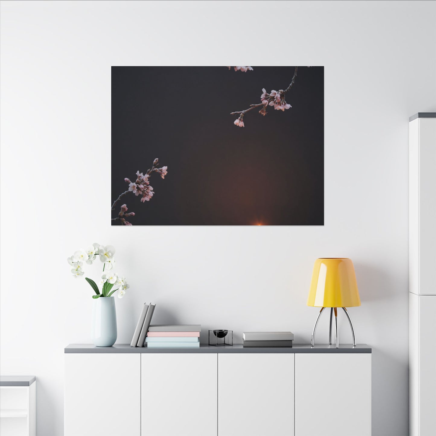 Dark Japandi Cherry Blossom in Candlelight | Moody Minimal Canvas Art