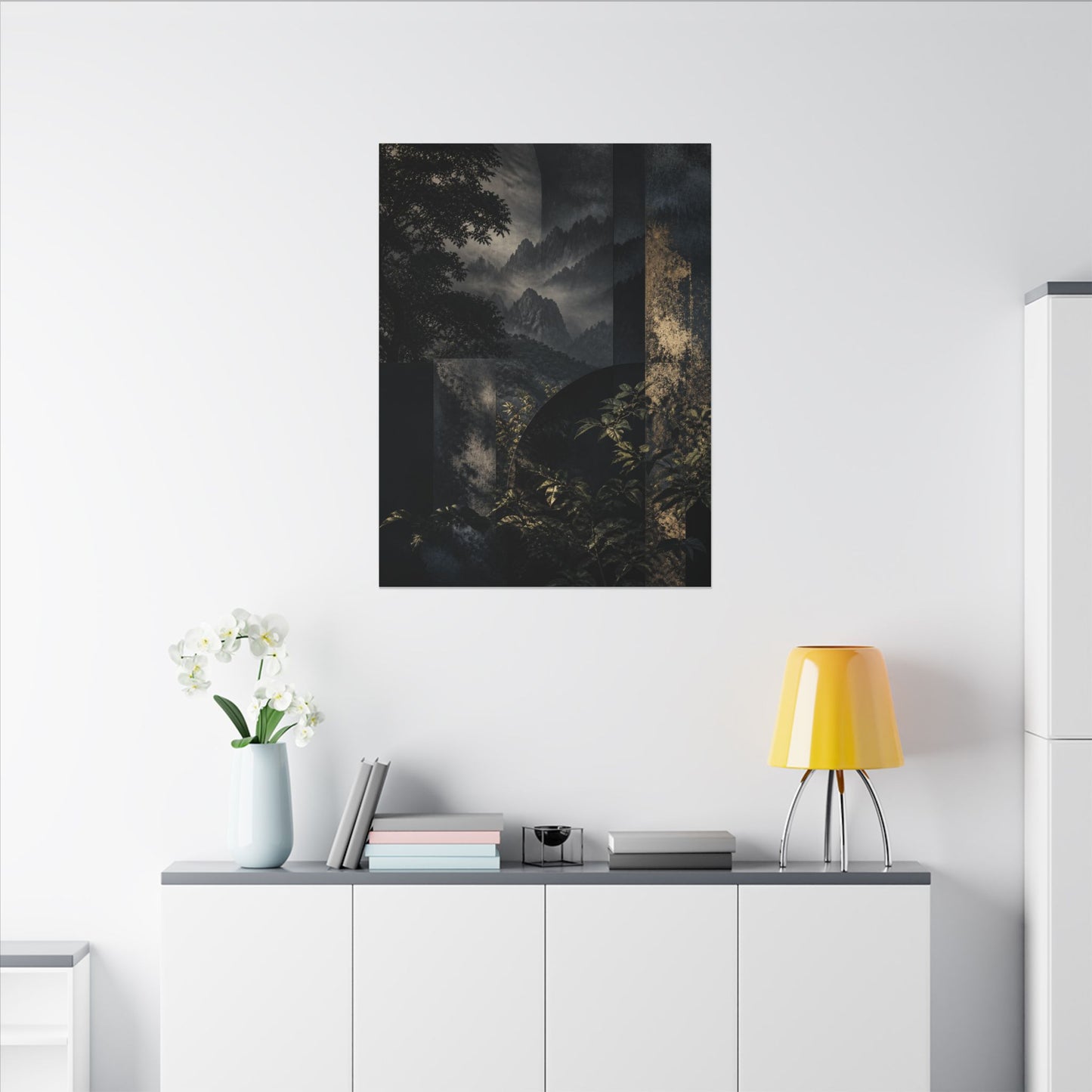 Mountain Mist Summer Canvas Art | Dark Japandi Atmospheric Design