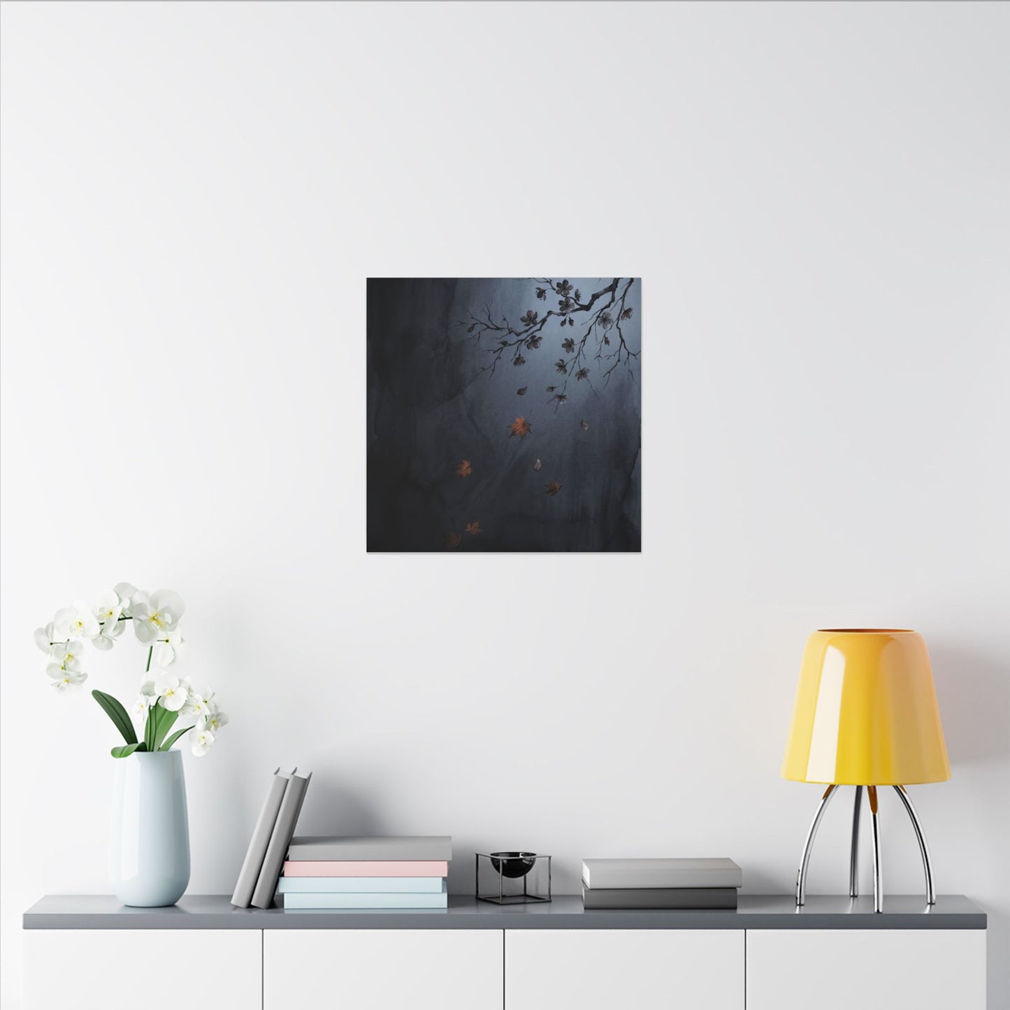Autumn Cherry Blossom Charcoal Ink Canvas Art | Atmospheric Decor