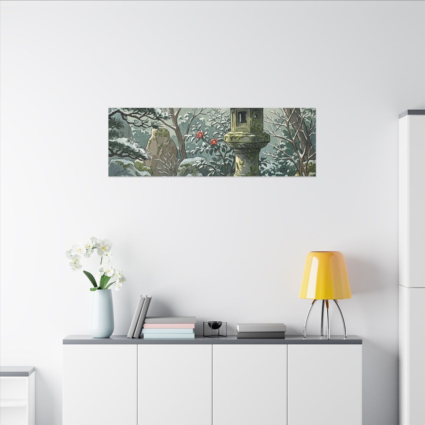 Stone Lantern Winter Canvas Art | Japandi Warm Design
