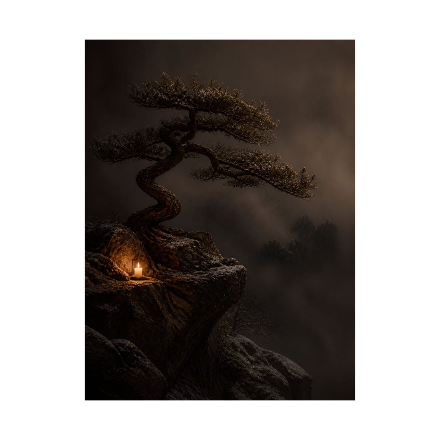 Candlelight Pine Tree Wall Art Print - Dark Japandi Kanso