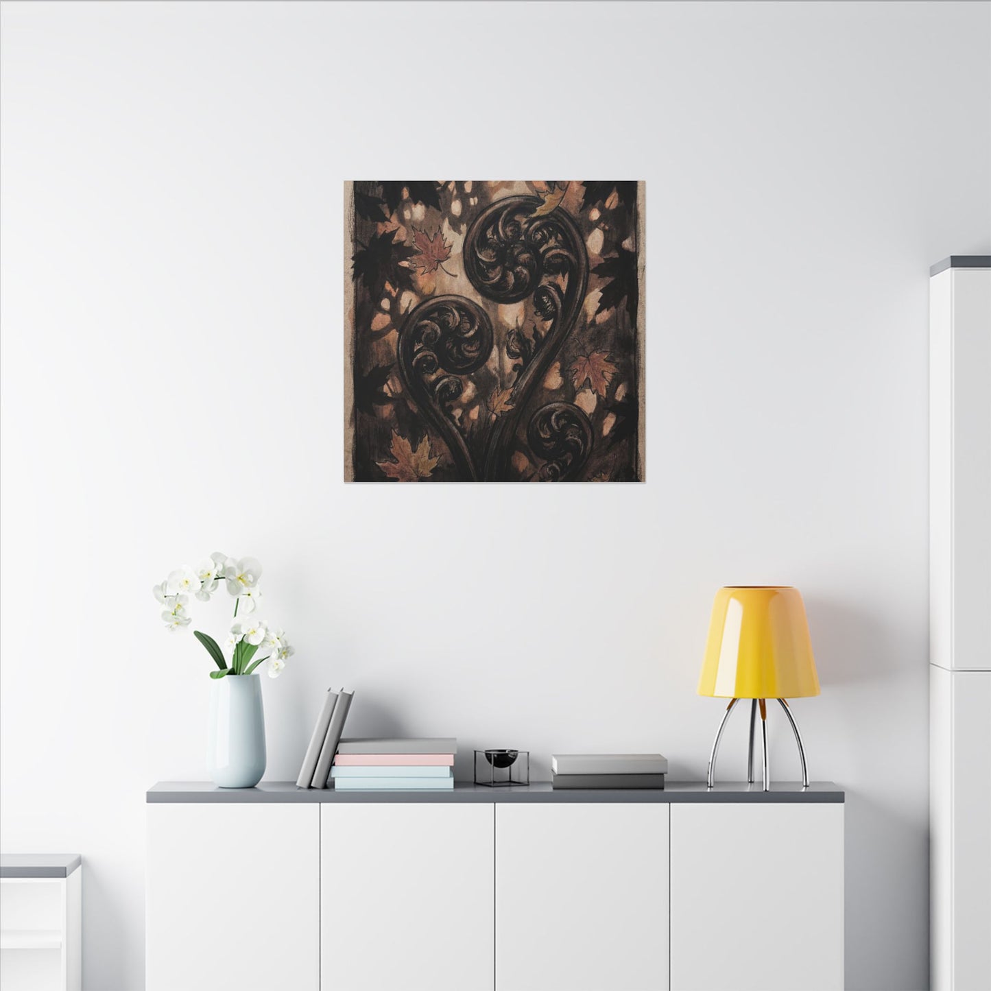 Mono No Aware Fern Unfurling Canvas Art - Dark Japandi Charcoal Ink