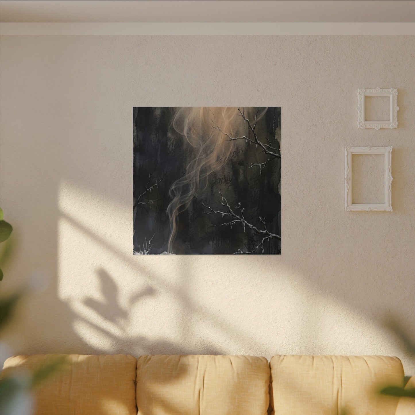 Incense Smoke Winter Canvas Art | Dark Japandi Moody Design