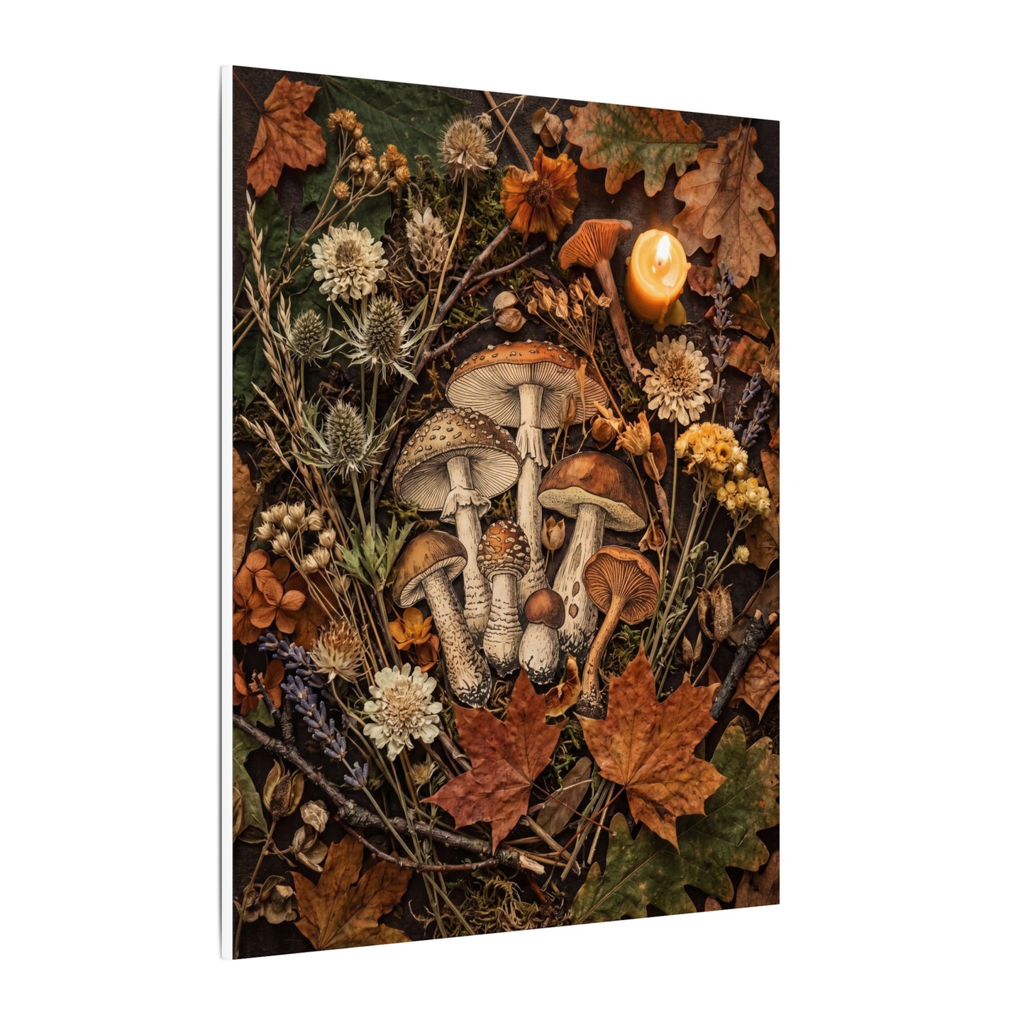 Autumn Dried Flowers Mushroom Illustration Canvas Art | Earthy Decor
