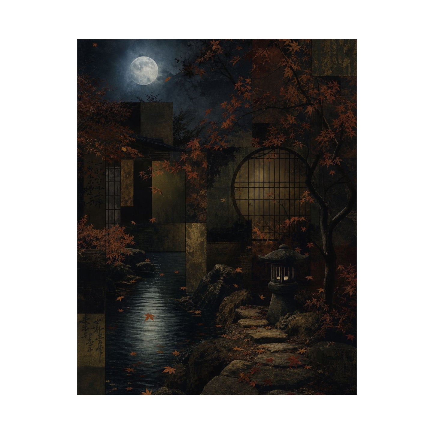 Moonlit Garden Shadow Zen Wall Art Print | Moody Dark Japandi Art