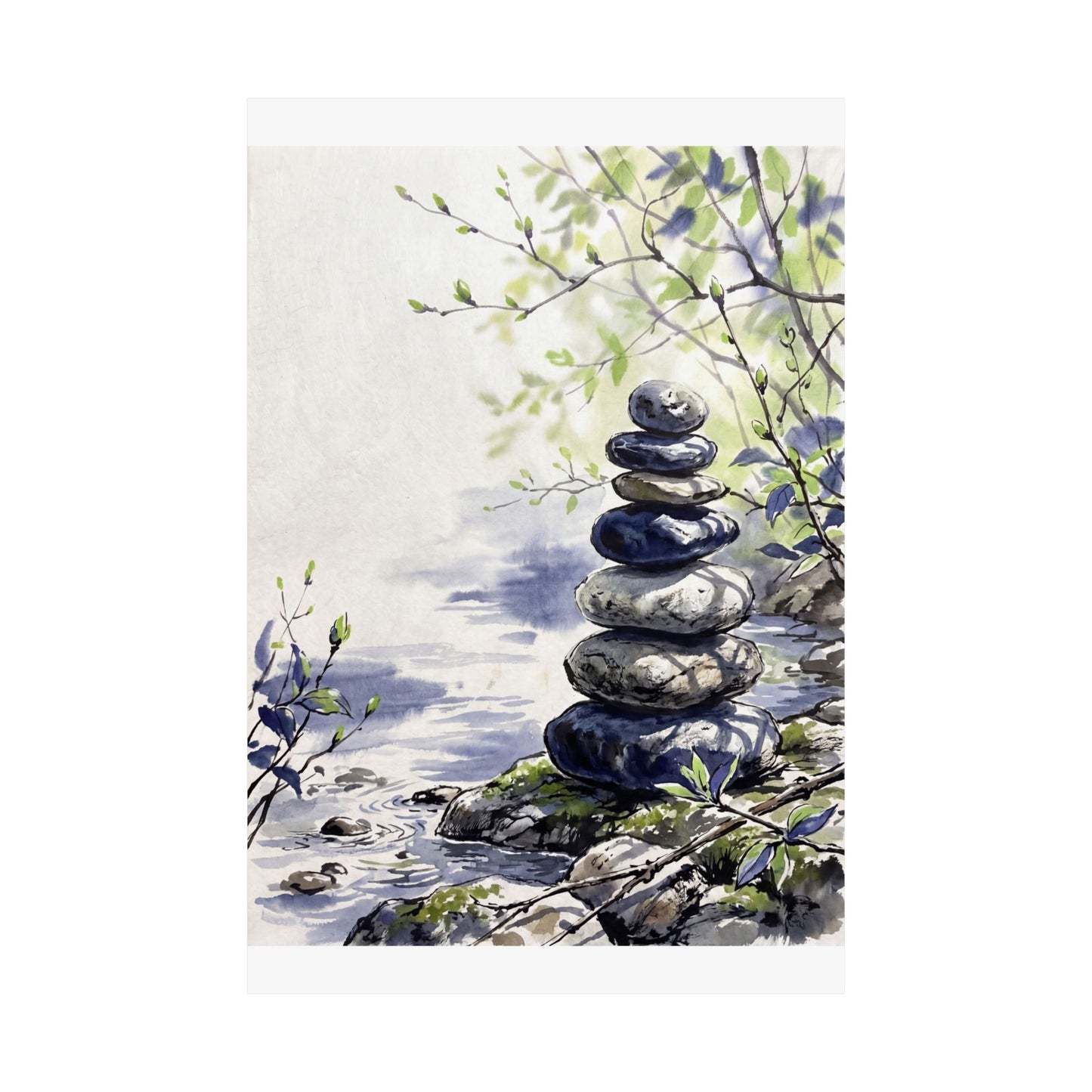 Zen River Stones in Dappled | Sumi E Wall Art Print