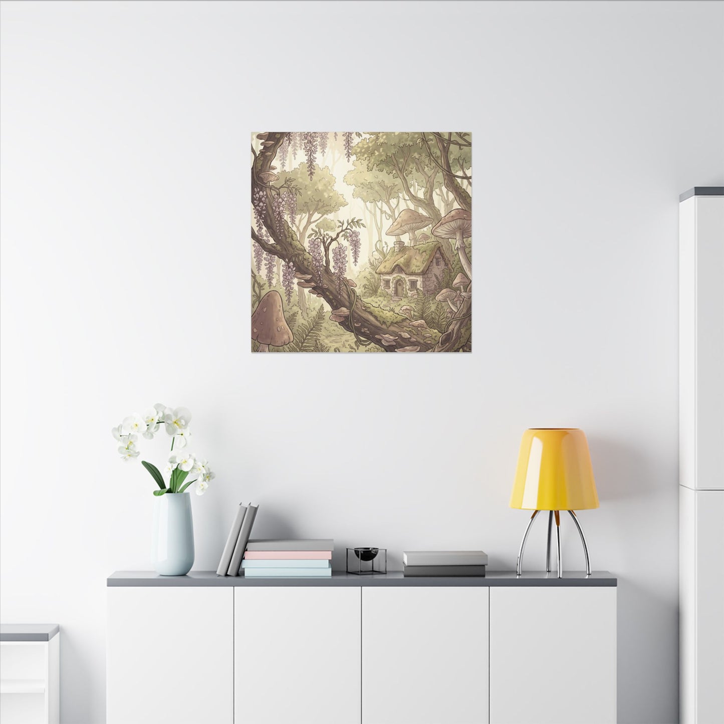 Summer Wisteria Mushroom Illustration Canvas Art | Enchanting Decor