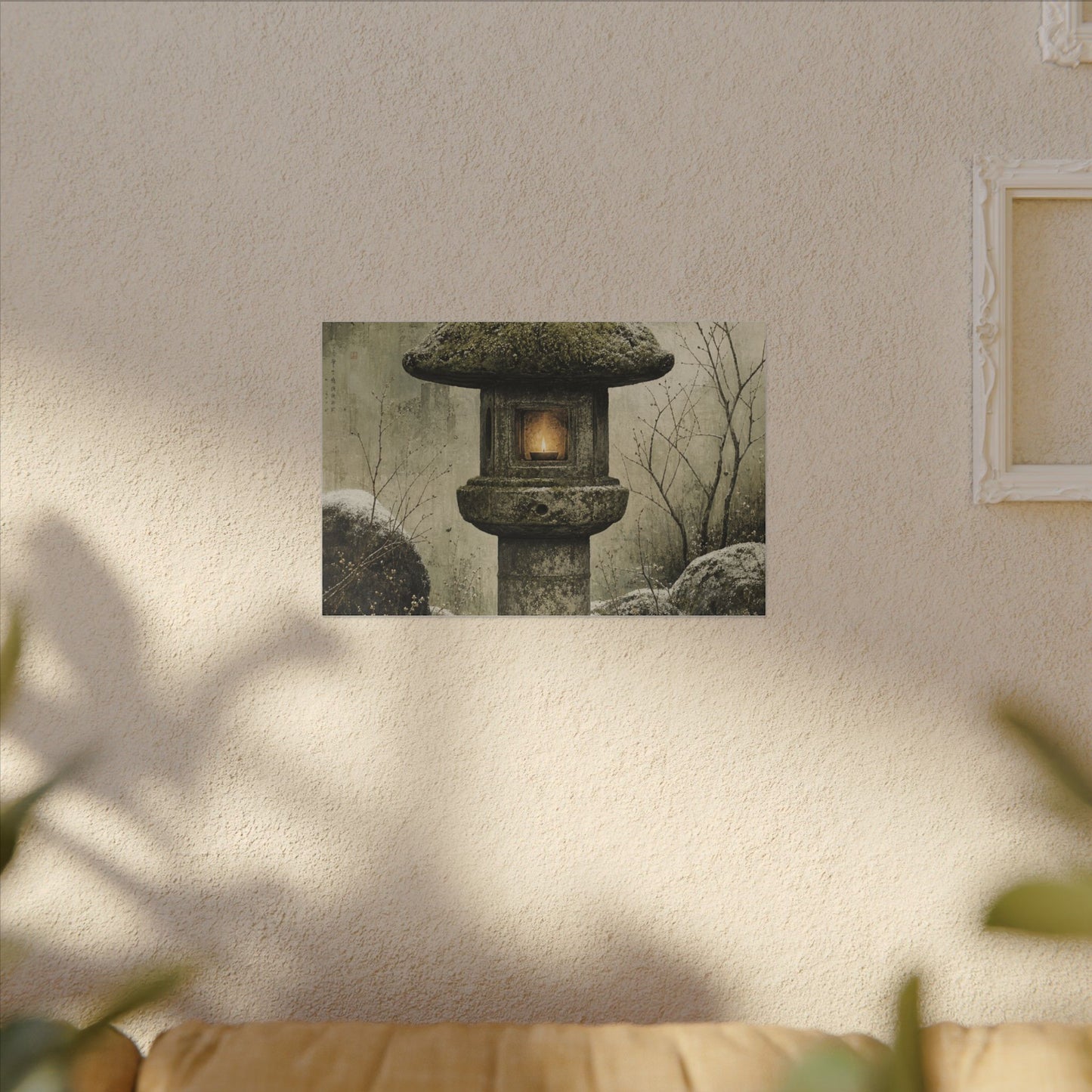 Stone Lantern Winter Canvas Art | Japandi Neutral Design