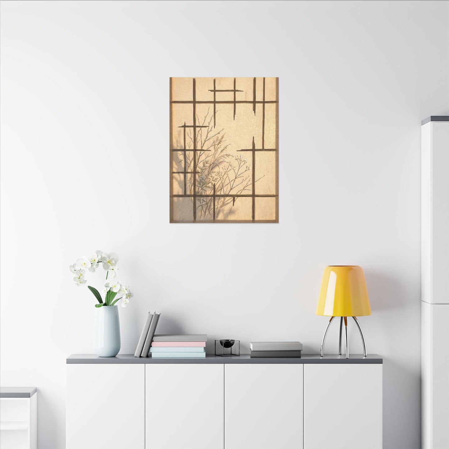 Shoji Screen Canvas Art | Winter Japandi Minimal Line Art