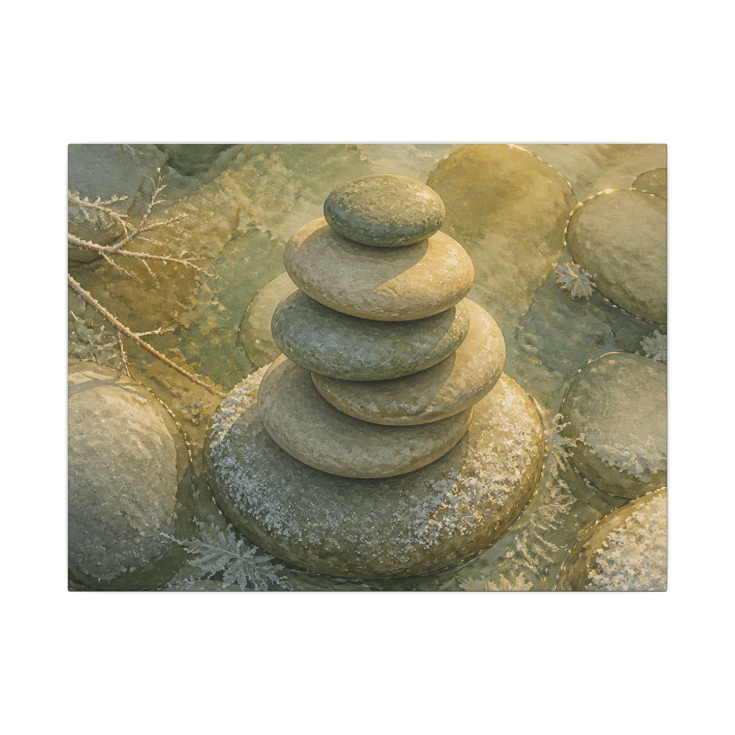 River Stones Watercolor Canvas Art | Elegant Japandi Art