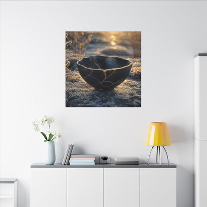 Ceramic Bowl Canvas Art | Winter Kintsugi Gold Repair Art