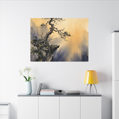Zen Pine Tree in Golden Hour | Sumi E Canvas Art