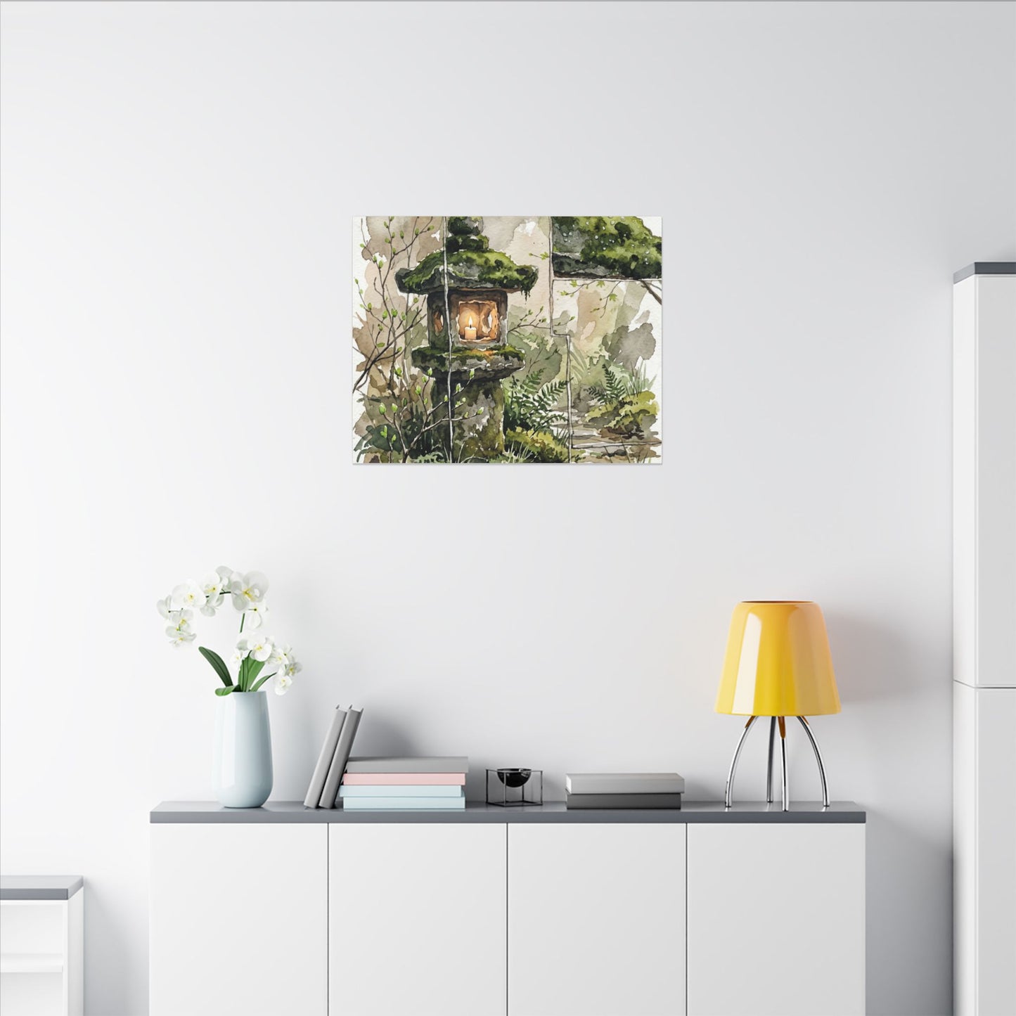 Stone Lantern Watercolor Canvas Art | Elegant Japandi Art