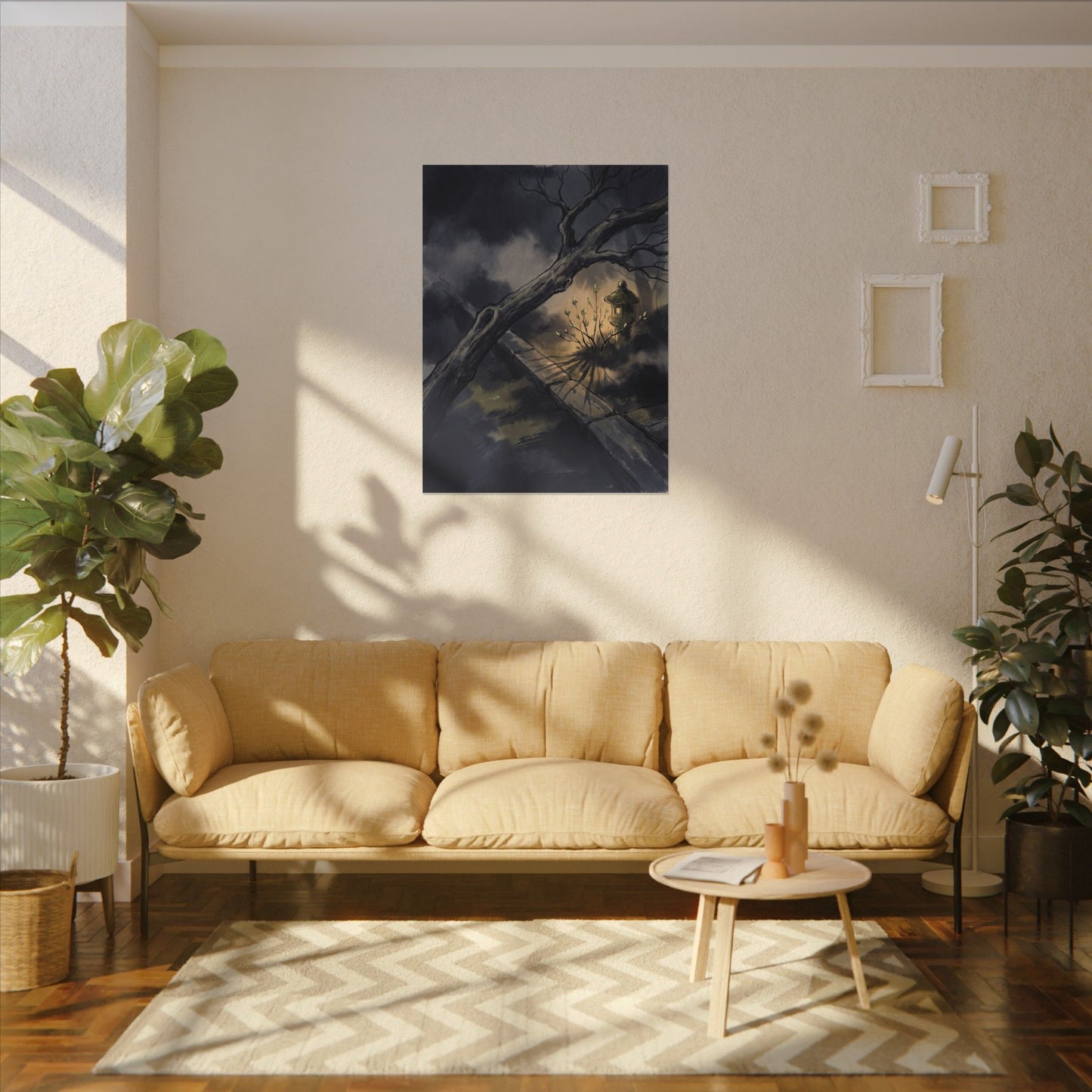 Dark Japandi Moonlit Garden in Golden Hour | Charcoal Ink Canvas Art