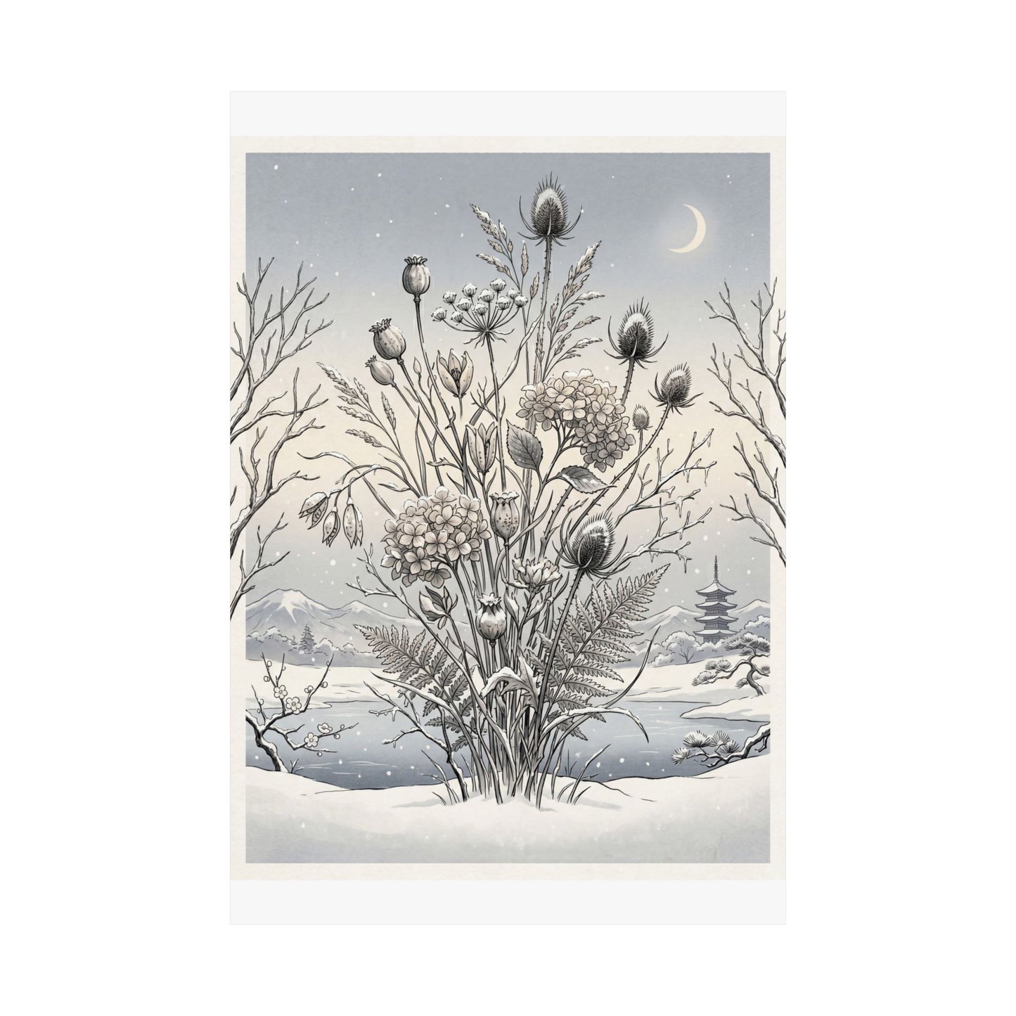 Zen Dried Flowers in Dawn | Ukiyo E Inspired Wall Art Print