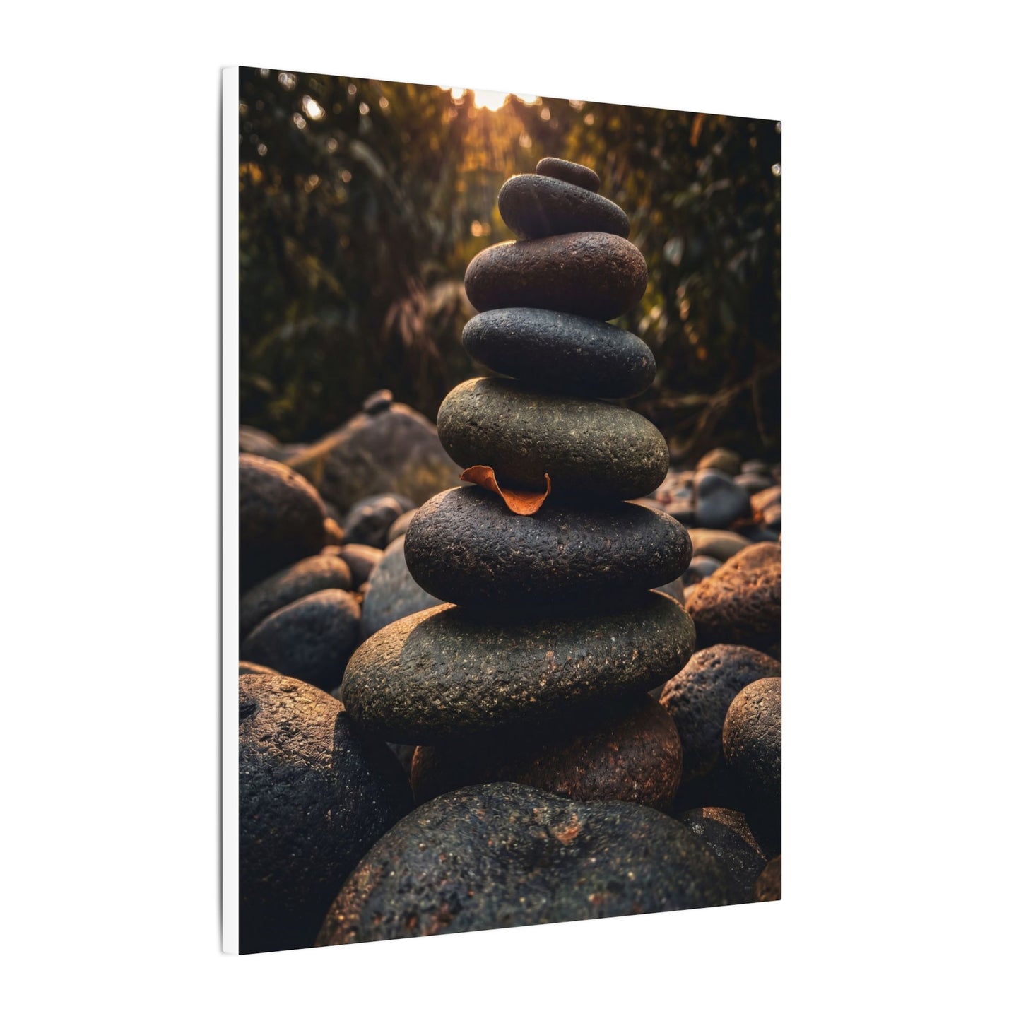 Dark Japandi River Stones in Golden Hour | Moody Minimal Canvas Art