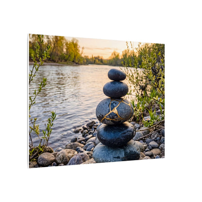 Kintsugi River Stones in Golden Hour | Gold Vein Canvas Art