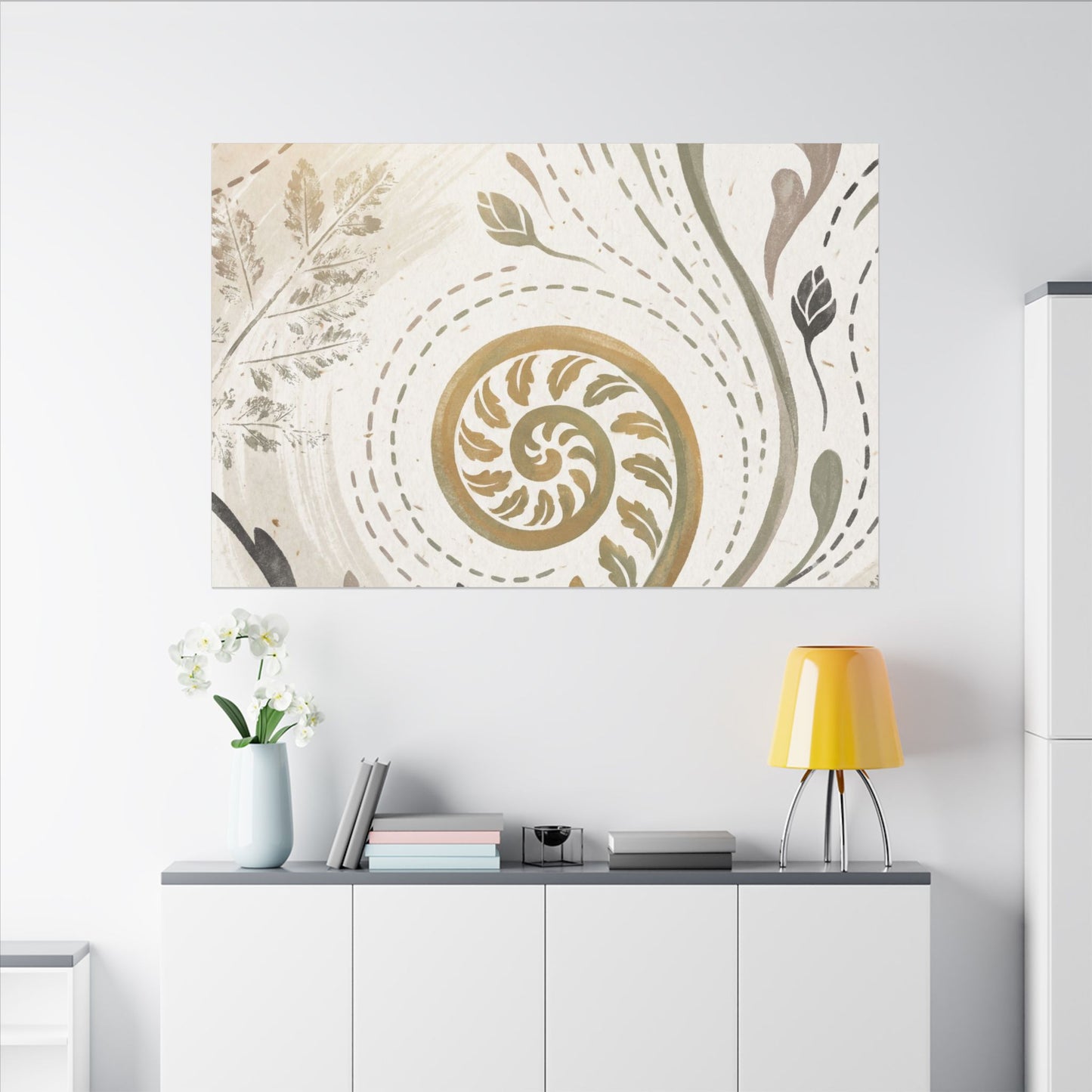 Japandi Fern Unfurling in Golden Hour | Japanese Pattern Canvas Art