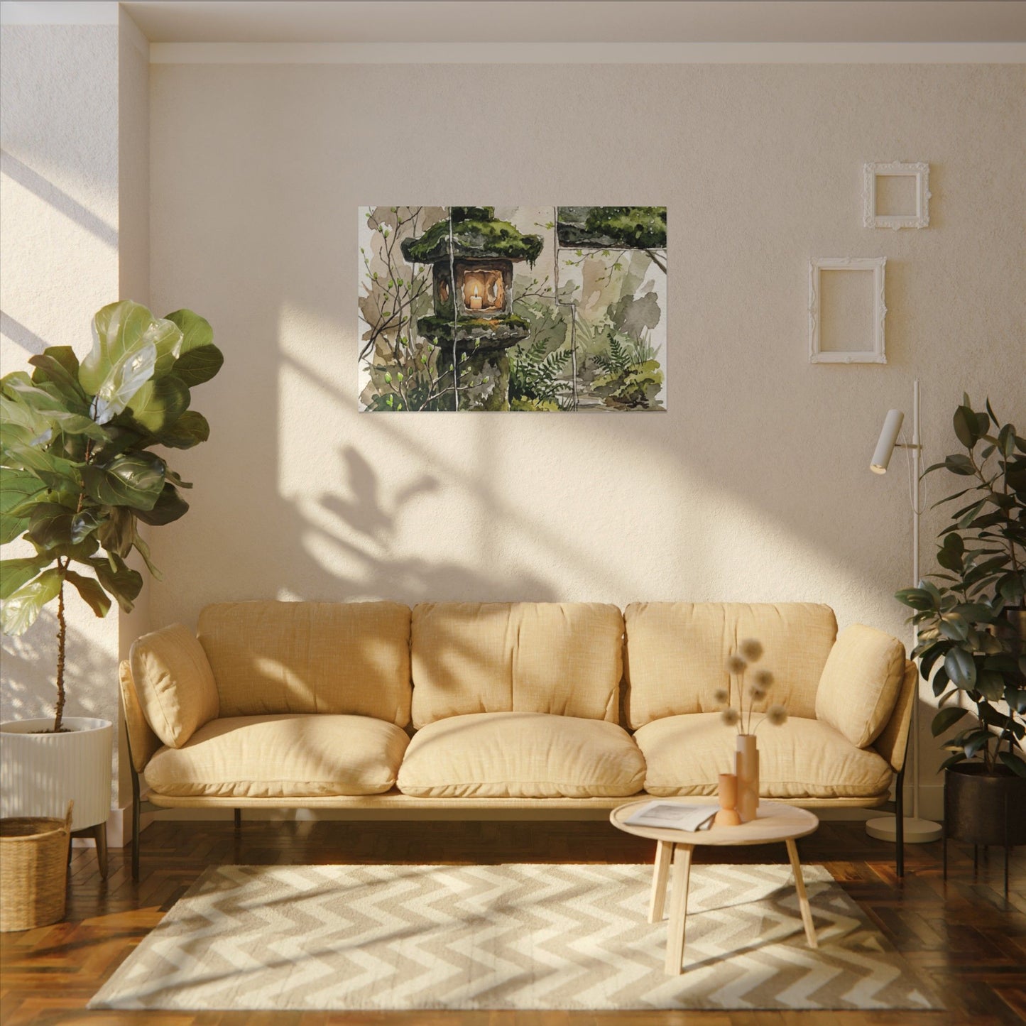 Stone Lantern Watercolor Canvas Art | Elegant Japandi Art