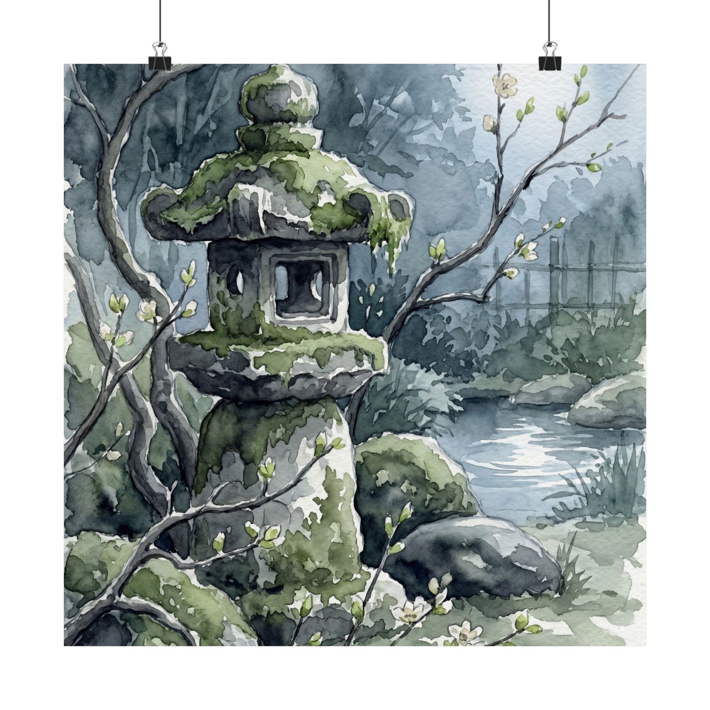 Japandi Stone Lantern in Moonlight | Watercolor Wall Art Print