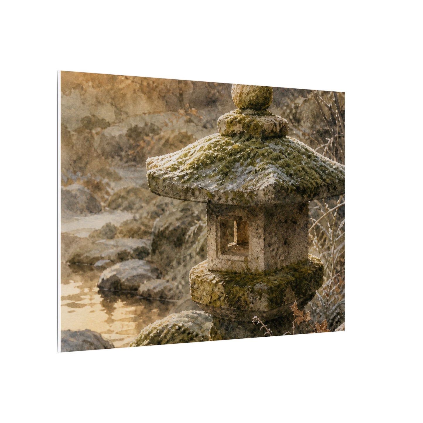 Winter Stone Lantern Watercolor Canvas Art | Earthy Decor