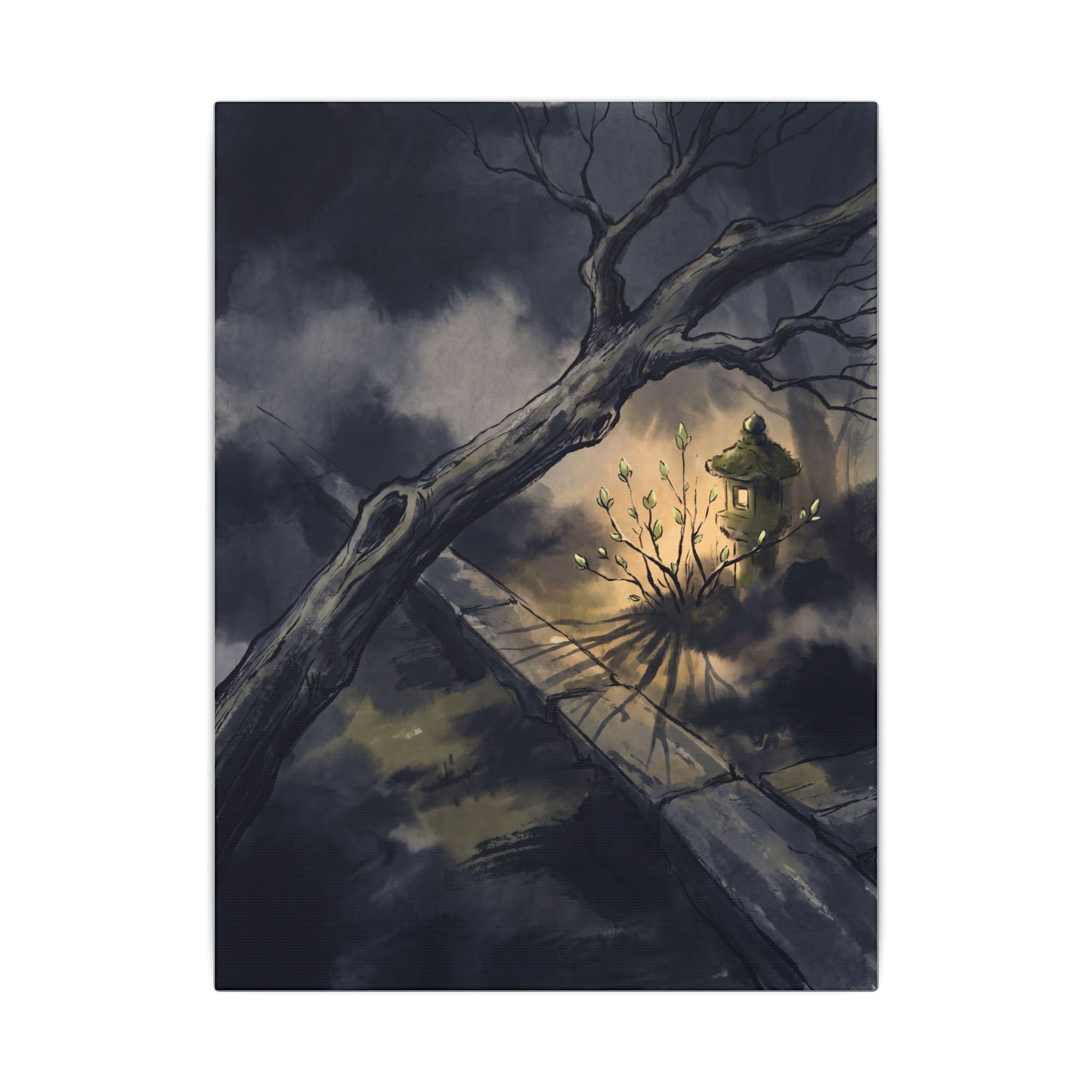 Dark Japandi Moonlit Garden in Golden Hour | Charcoal Ink Canvas Art