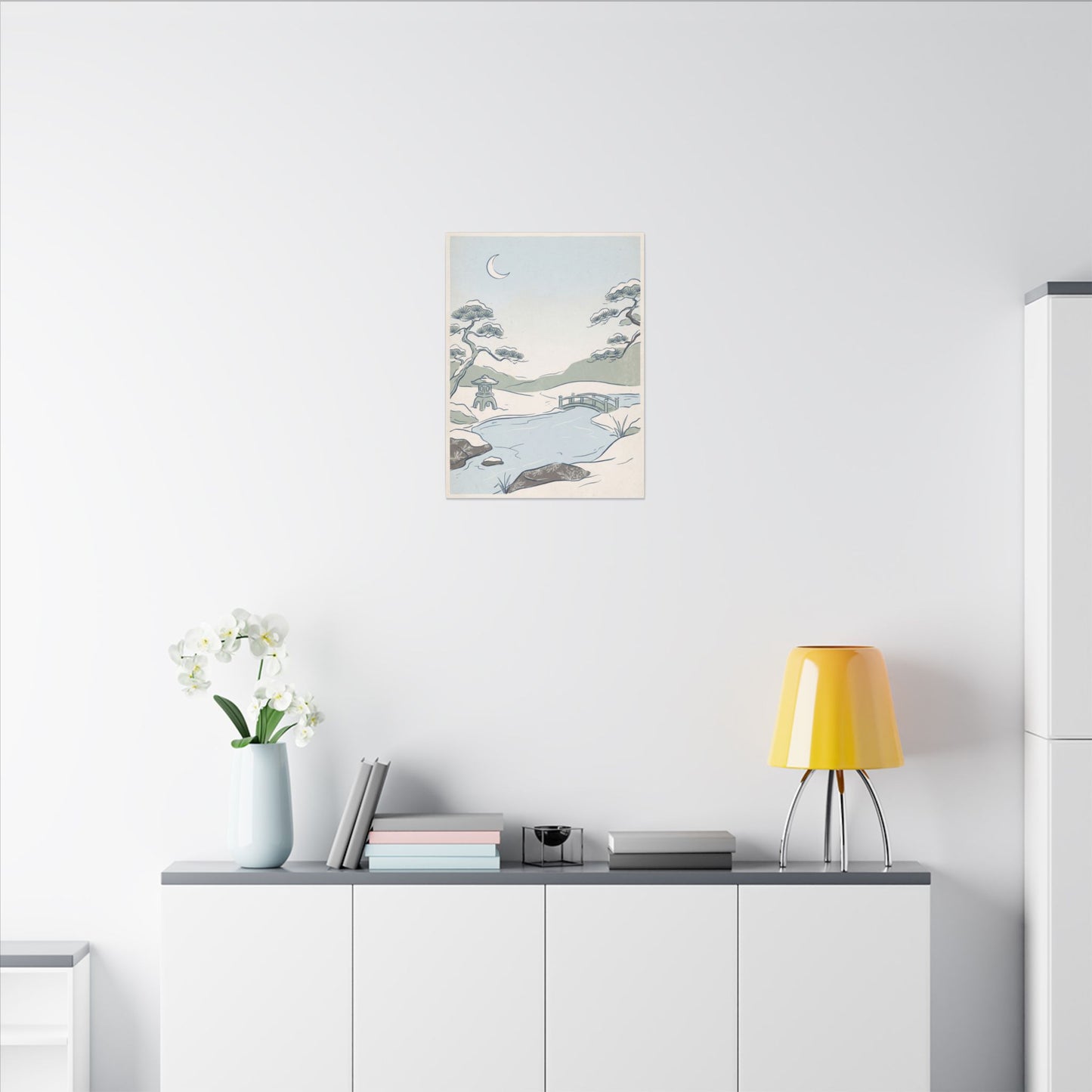 Japandi Moonlit Garden in Moonlight | Minimal Line Canvas Art