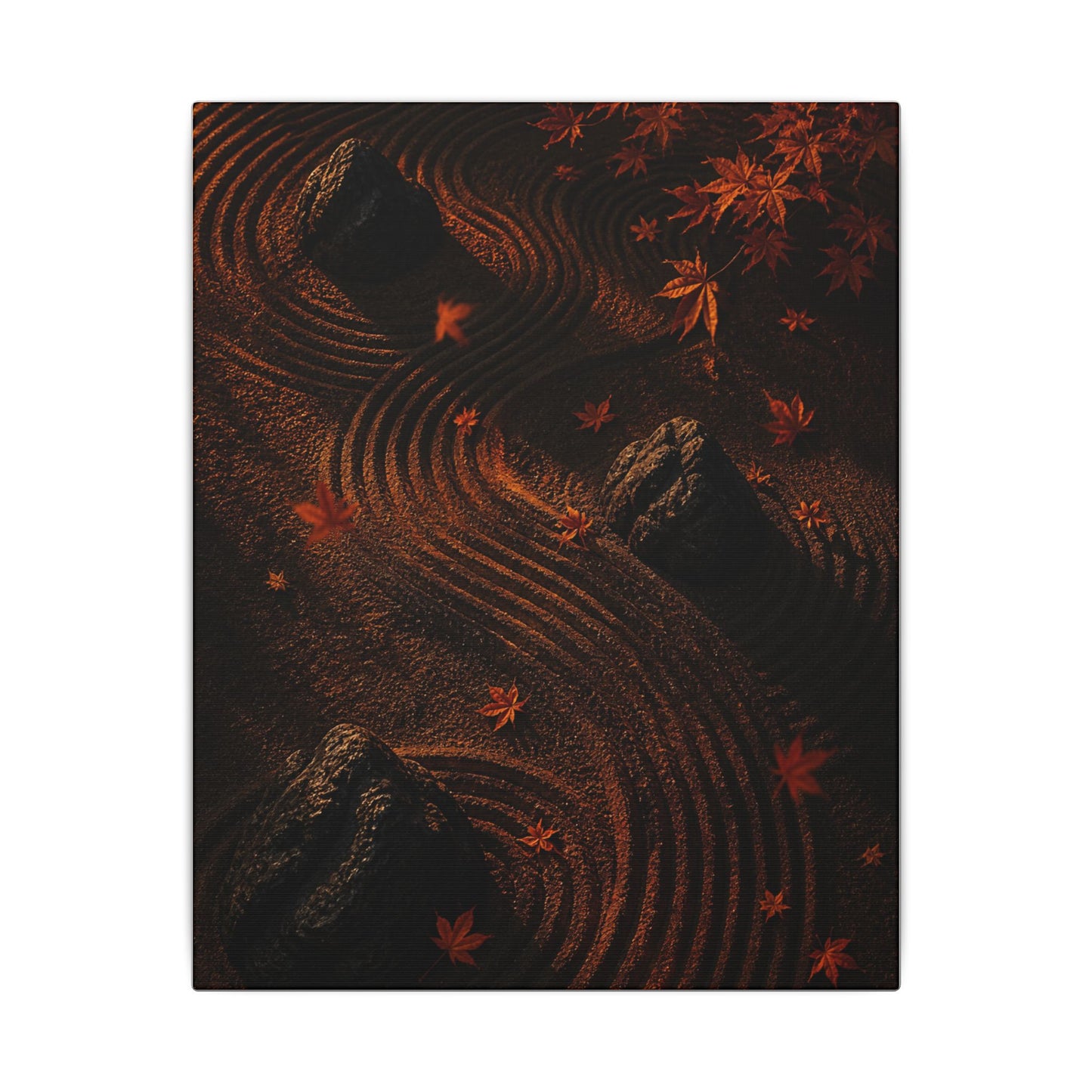 Dark Japandi Rock Garden in Golden Hour | Charcoal Ink Canvas Art