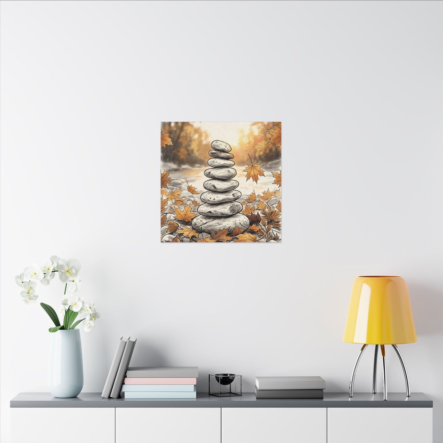 Earthy River Stones Canvas Art - Minimal Line Japandi