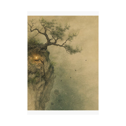 Japandi Pine Tree in Candlelight | Minimal Line Wall Art Print